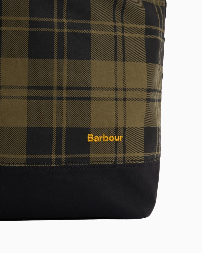 Close-up of Barbour branded stud fastening on Mya Patchwork Tote Bag