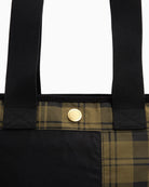 Detail shot of tartan patchwork cotton panels on Barbour Mya Tote Bag