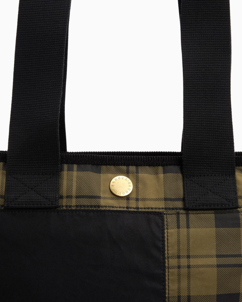 Detail shot of tartan patchwork cotton panels on Barbour Mya Tote Bag