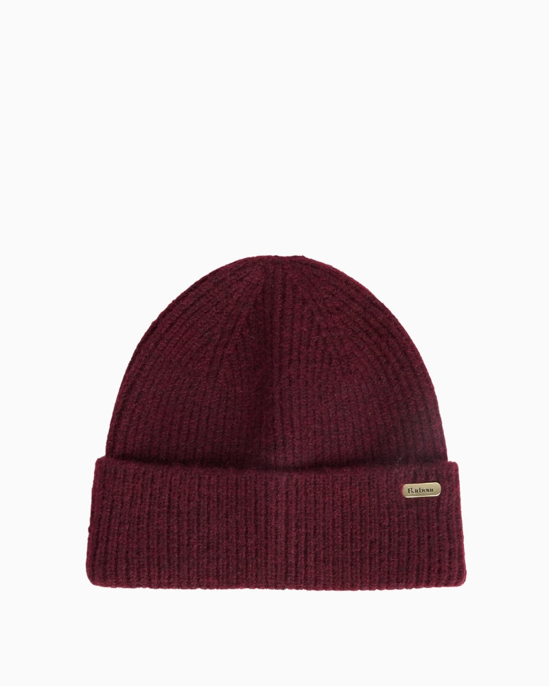 Barbour Olivia Beanie in Burgundy front view with logo badge