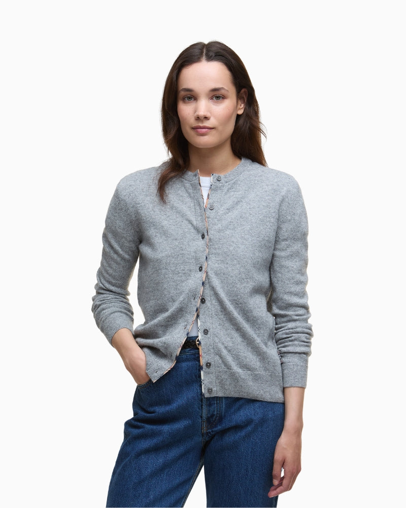 Front view of Barbour Pendle cardigan in grey marl with button-through front and round neckline