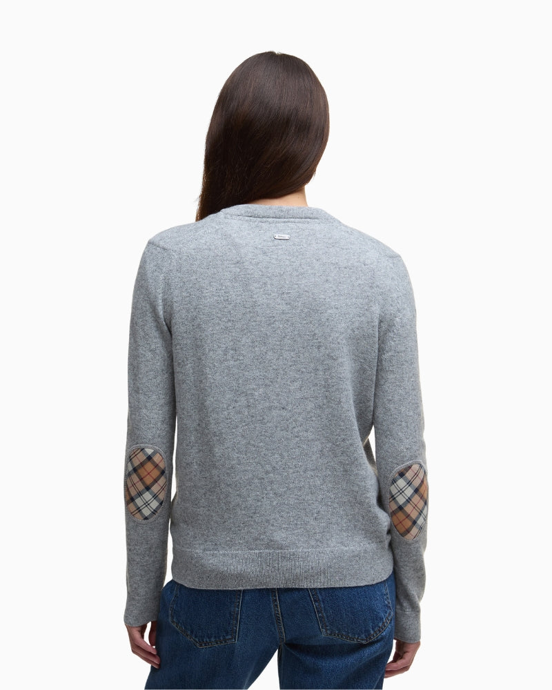 Back view of grey marl wool-cotton Barbour cardigan showing clean, flattering fit