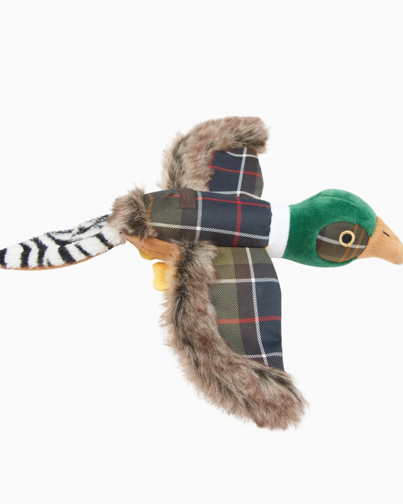 Side view of Barbour tartan pheasant toy with squeaker feature