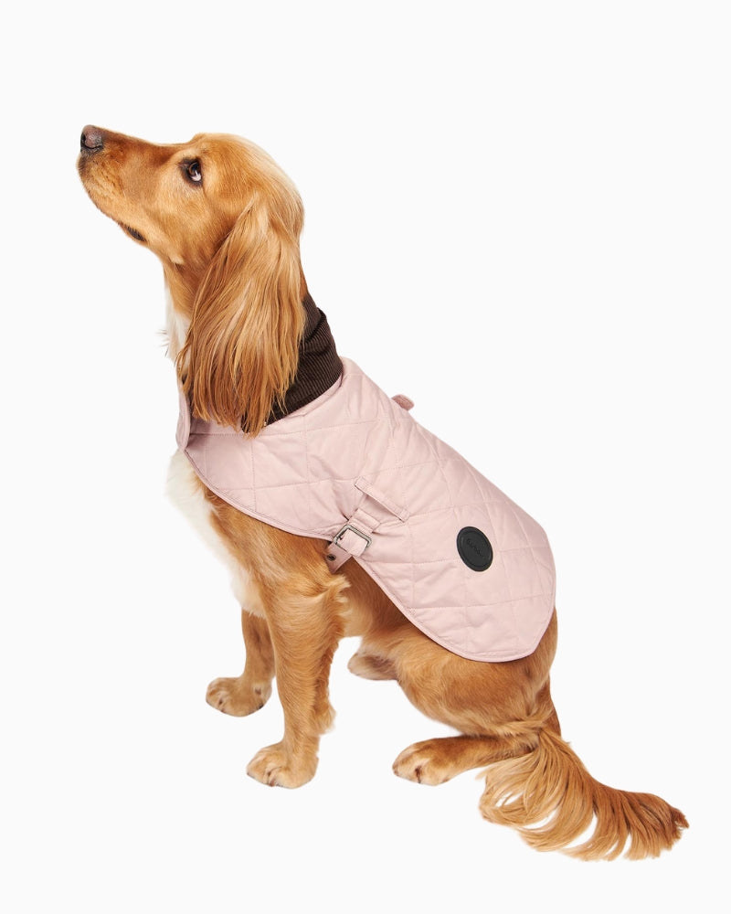 Pink Barbour Quilted Dog Coat with cord collar and Velcro strap