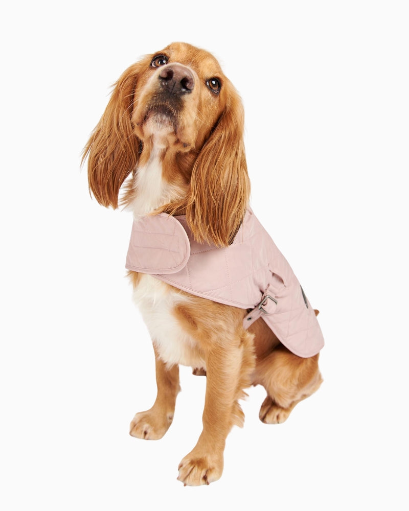 Front view of pink Barbour dog coat with easy Velcro fastening
