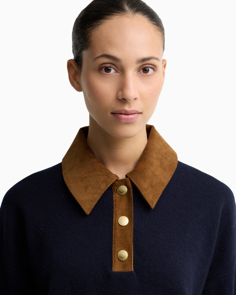 Barbour Ravenshill Jumper Navy corduroy collar detail