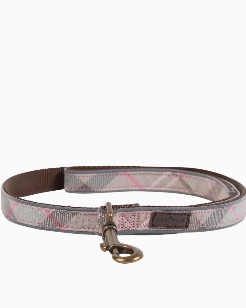 Side view of Barbour dog lead in pink tartan with embossed badge