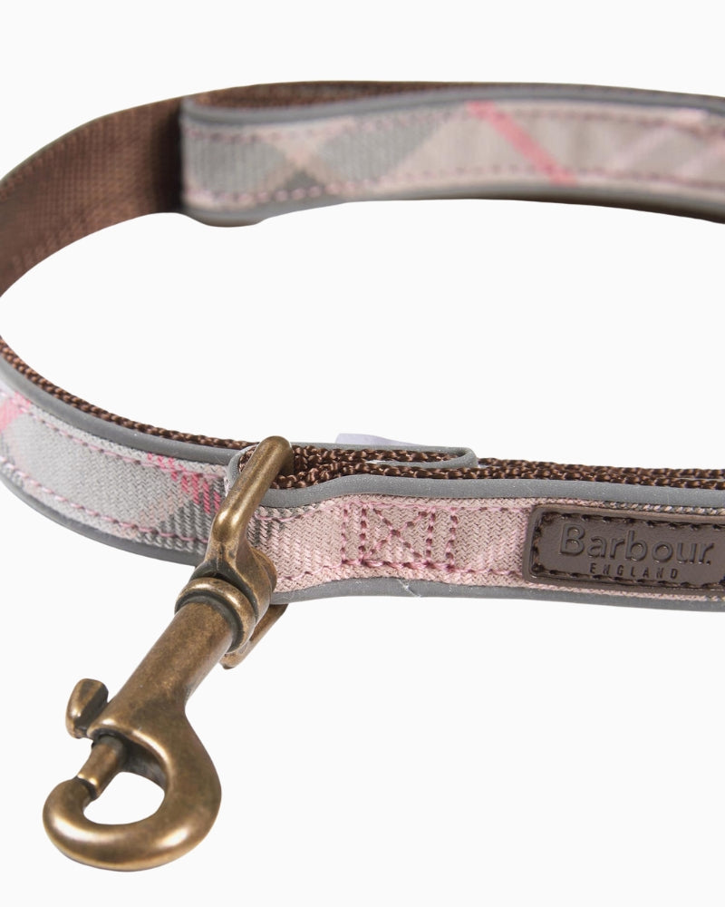 Close-up of reflective edging on Barbour pink tartan dog lead
