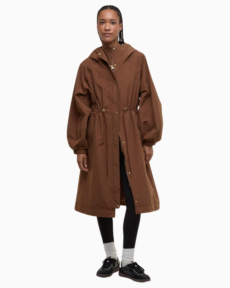 Front view of Barbour Sidney waterproof parka in Bark with hood and longline fit