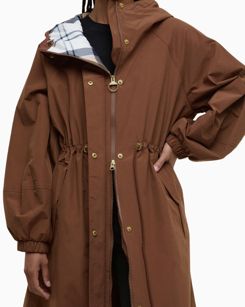 Interior lining of Barbour Sidney waterproof parka in Bark with branding detail