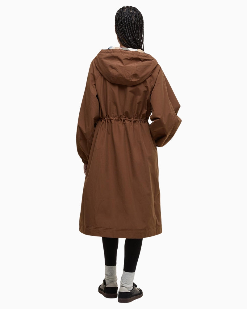 Back view of Barbour Sidney Bark parka with hood and long protective length