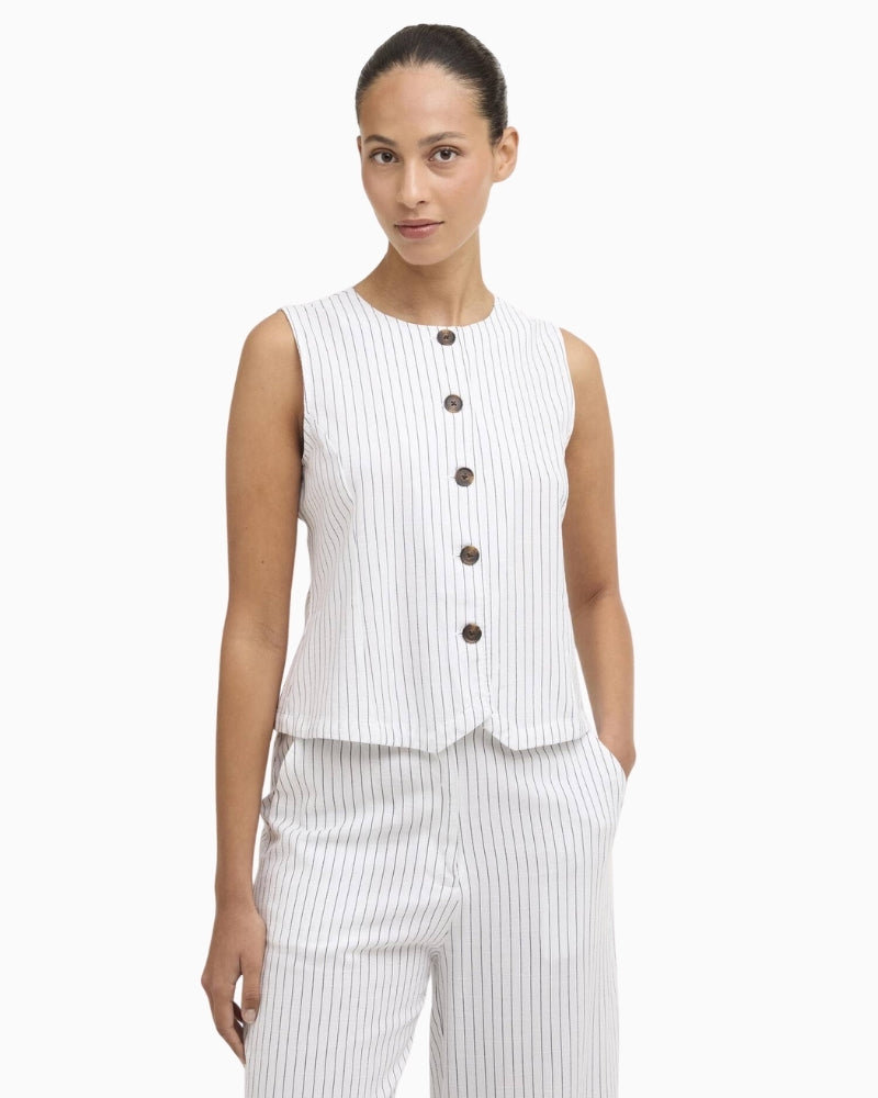 Barbour Sloane striped waistcoat white dark navy stripe front view on model