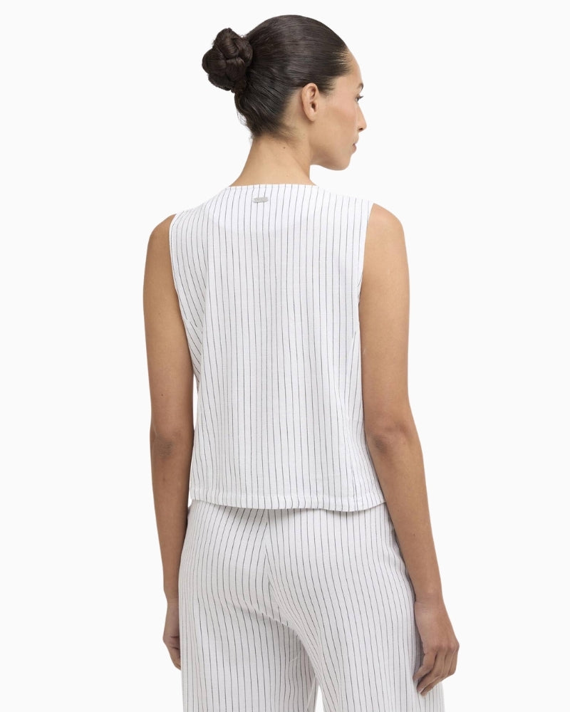 Barbour Sloane striped waistcoat white navy stripe back view on model