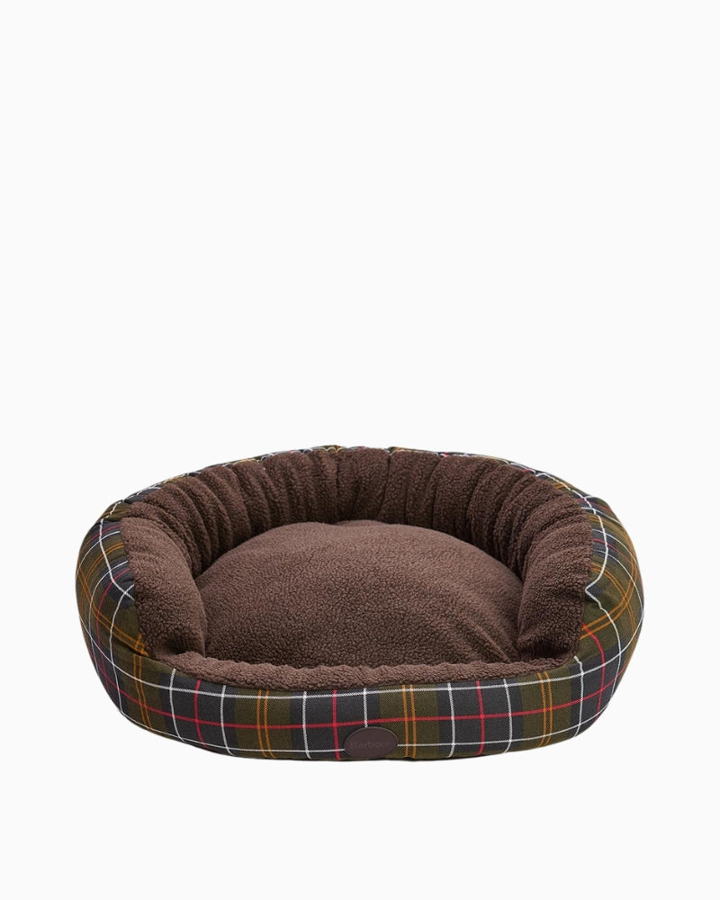 Barbour Snuggle Dog Bed 30" with tartan trim and fleece lining