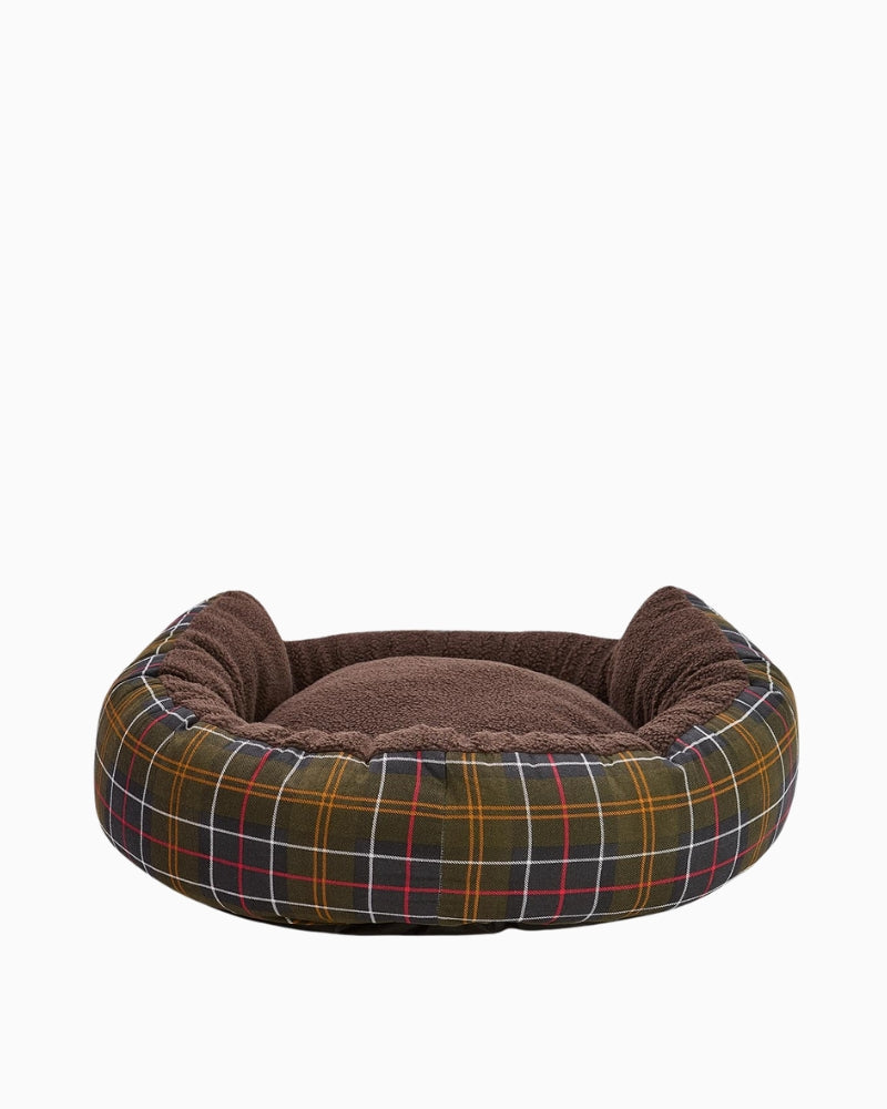 Back view of Barbour dog bed with high sides and dropped front