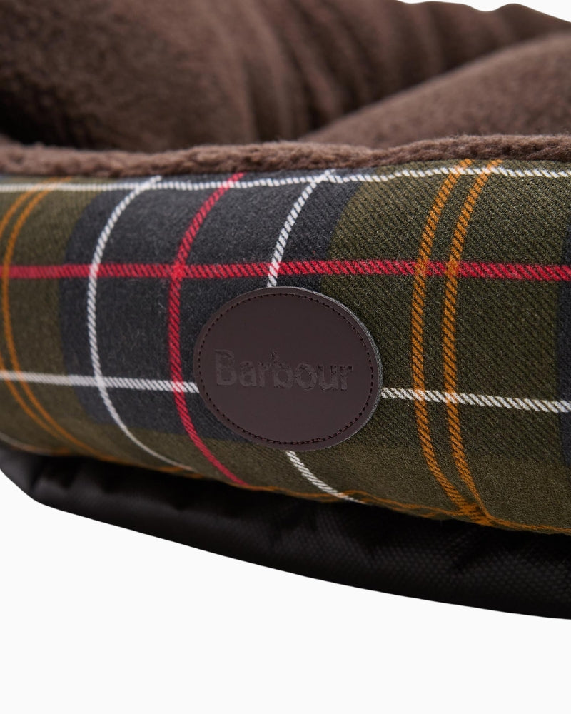 Barbour Snuggle Dog Bed in 30" size showing embossed badge detail