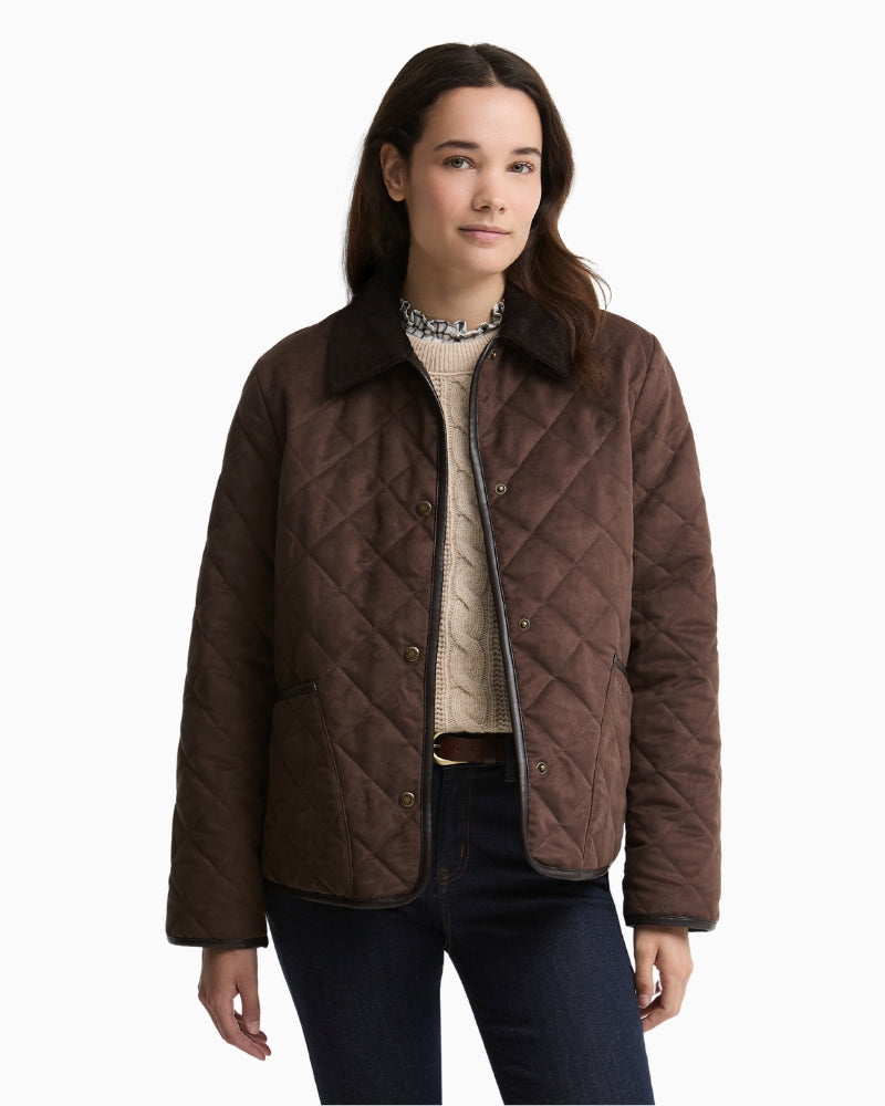 Barbour Sonya quilted jacket dark brown front view cord collar