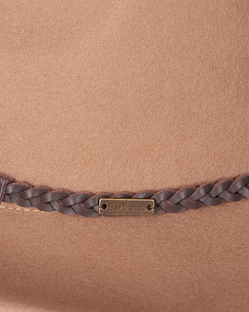 Close-up of leather belt trim on camel fedora hat