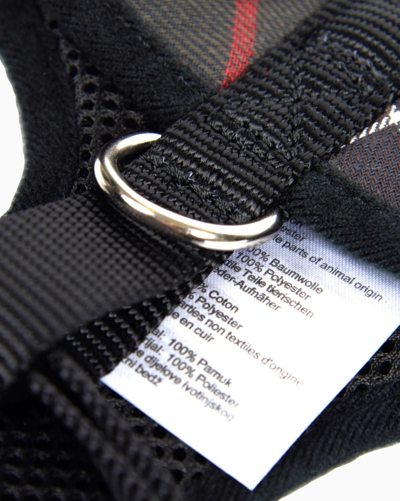 Close-up of metal D-ring on Barbour Tartan Dog Harness