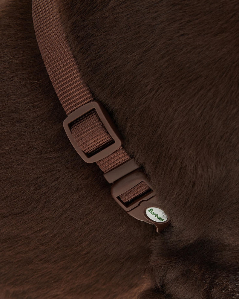 Closed-up view of Barbour Pink Tartan Dog Harness showing adjustable strap