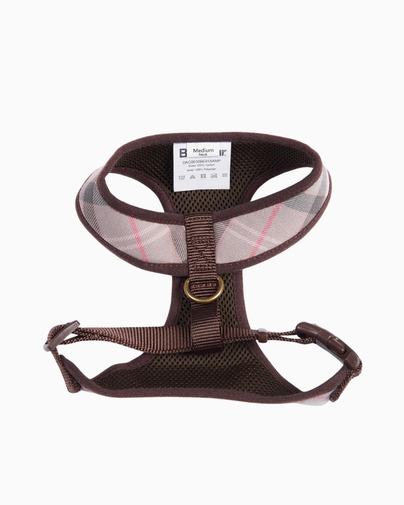 Back view of Barbour Pink Tartan Dog Harness showing adjustable strap