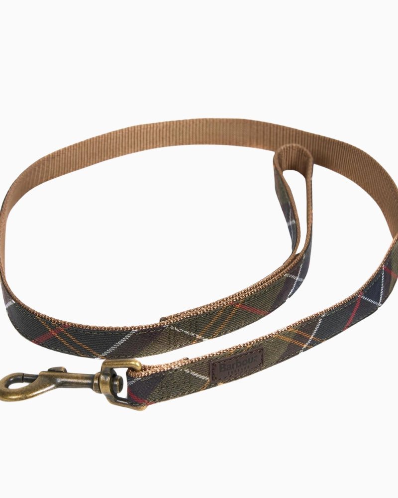Full length view of Barbour Tartan Webbing Dog Lead laid flat