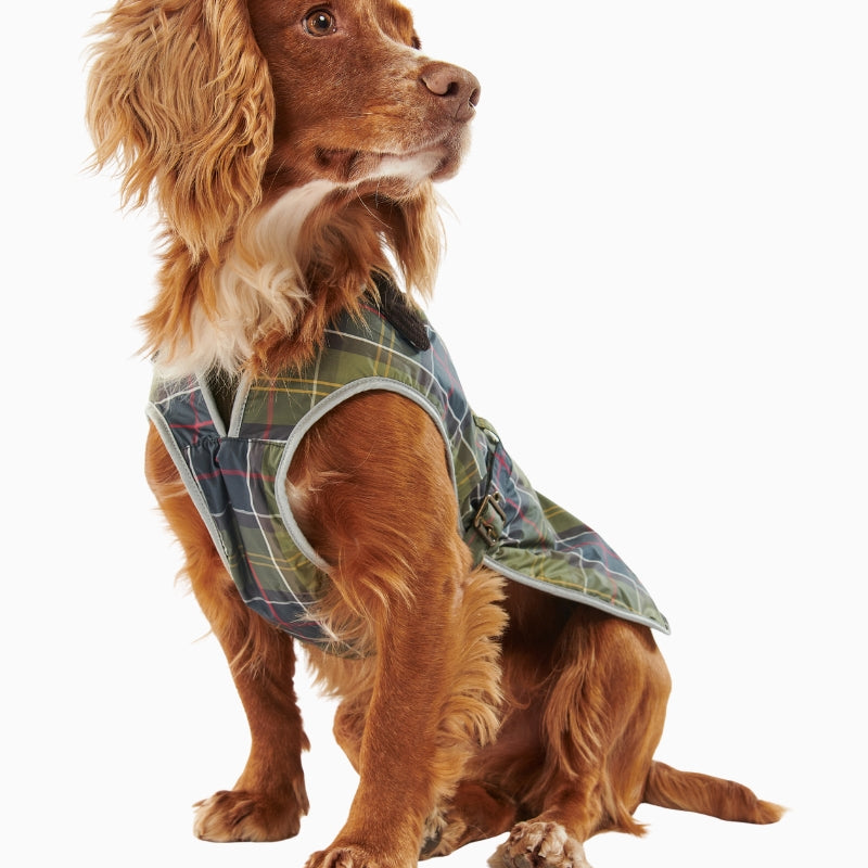 Barbour Waterproof Tartan Dog Coat with cord collar and fleece lining