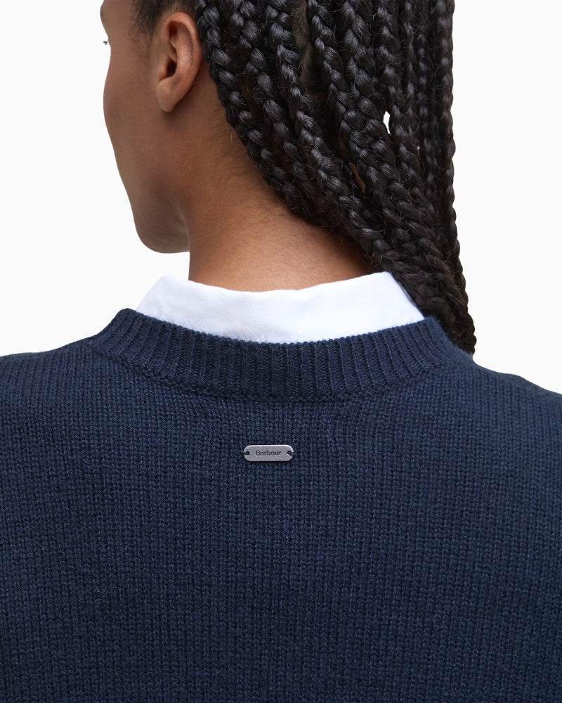 Barbour Woodhouse Cashmere Jumper Navy back neck with Barbour metal badge