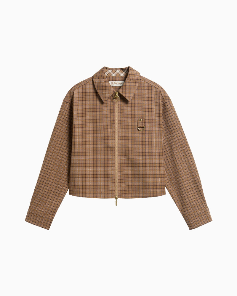 Barbour brown tartan cropped shirt jacket front view zip detail