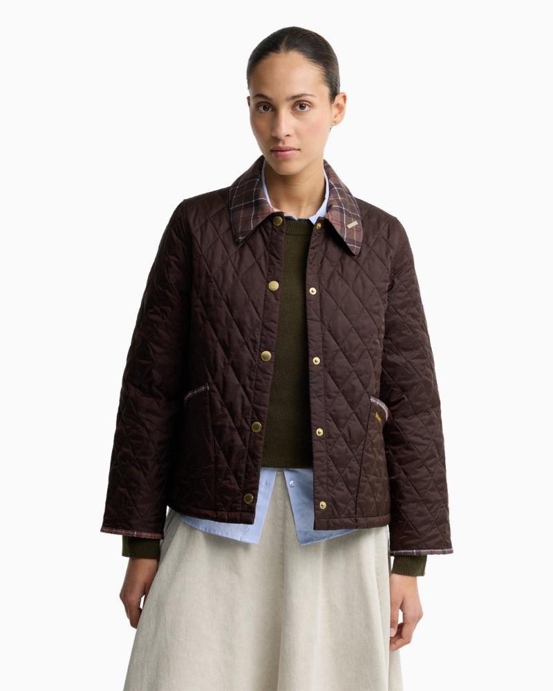 Barbour cropped quilted jacket dark brown front view tartan collar