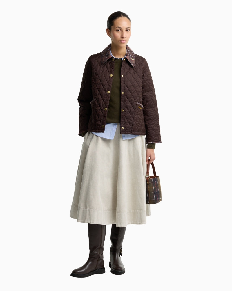Barbour cropped quilted jacket side view worn styling