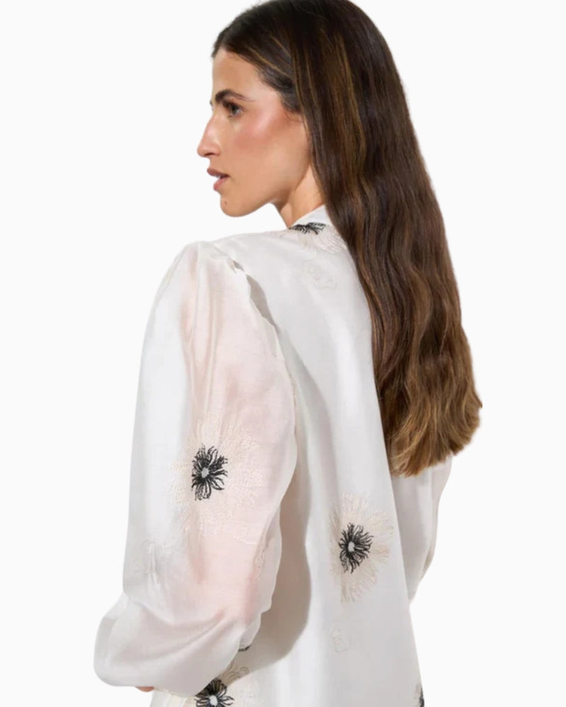 Bariloche Azogue Off White blouse, woman wearing blouse back view