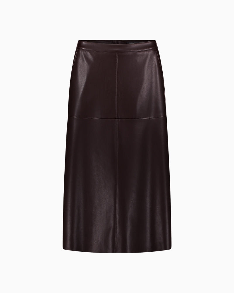 Back view of plain faux leather skirt with smooth finish and mid-length cut