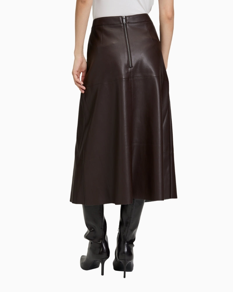 Back view of plain faux leather skirt with smooth finish and mid-length cut