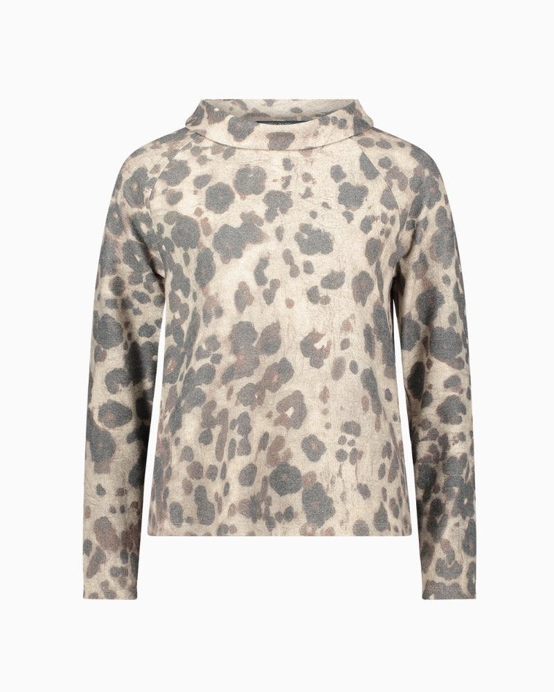 Animal print sweatshirt with turn-down collar and long raglan sleeves