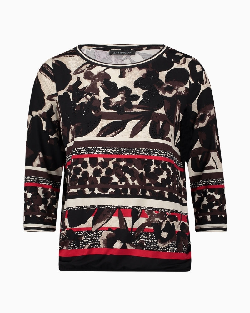 Front view of Betty Barclay floral jersey t‑shirt with bateau neckline and 3/4 sleeves