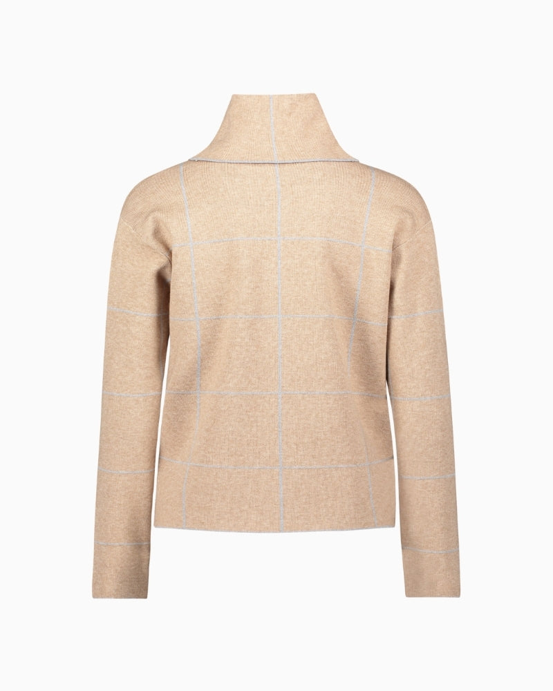 Back view of soft check jumper showing relaxed fit and medium length