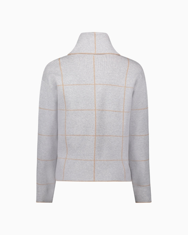 Back view of casual knit jumper showing relaxed fit and subtle check pattern