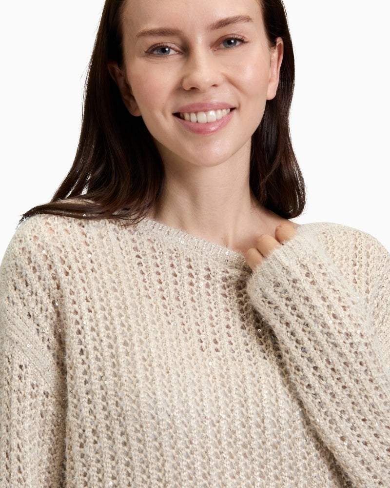 Close up of Plain chunky knit jumper by Betty Barclay with bateau neckline and long sleeves