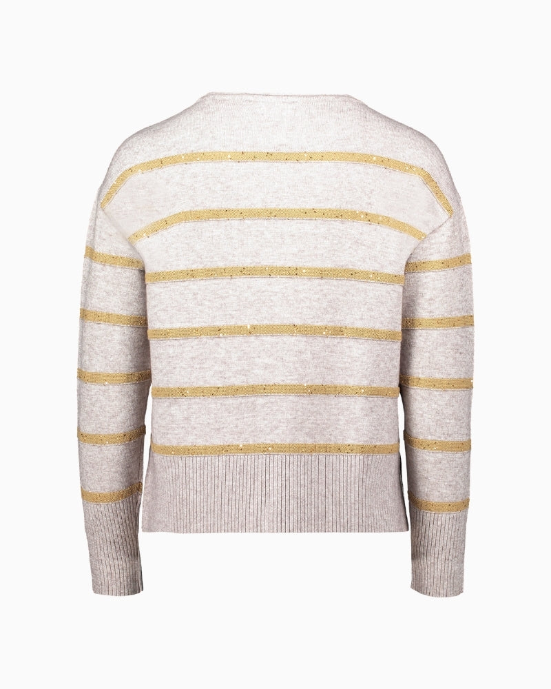 Back view of relaxed striped jumper with long sleeves and lightweight feel