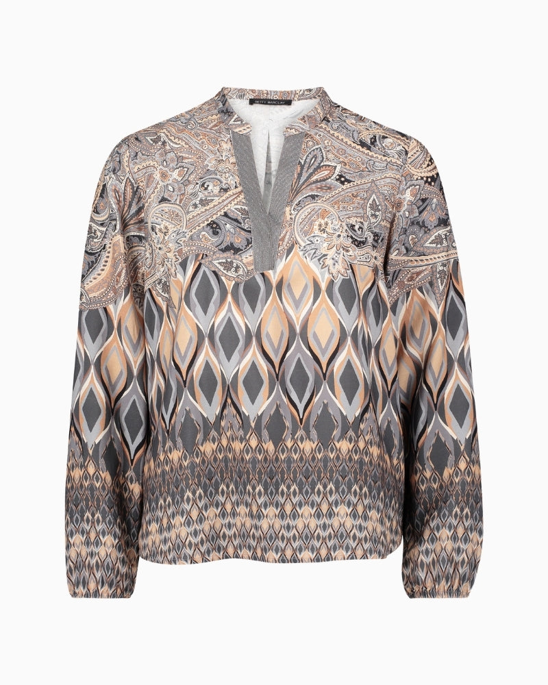 Front view of Betty Barclay long patterned blouse with stand-up collar and round neckline