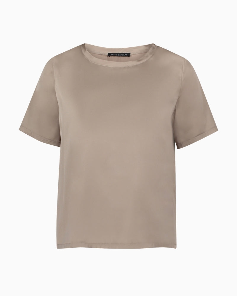 Front view of Betty Barclay satin overblouse with round neckline and mid-length dropped sleeves