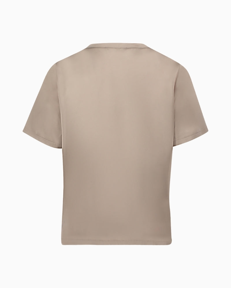 Back view of plain satin blouse with relaxed fit and neat fastening