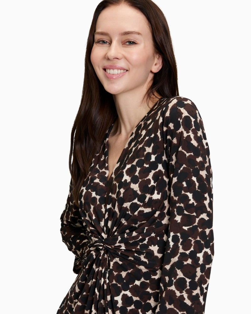 Polka dot midi dress by Betty Barclay with gathered V-neck and ¾ sleeves