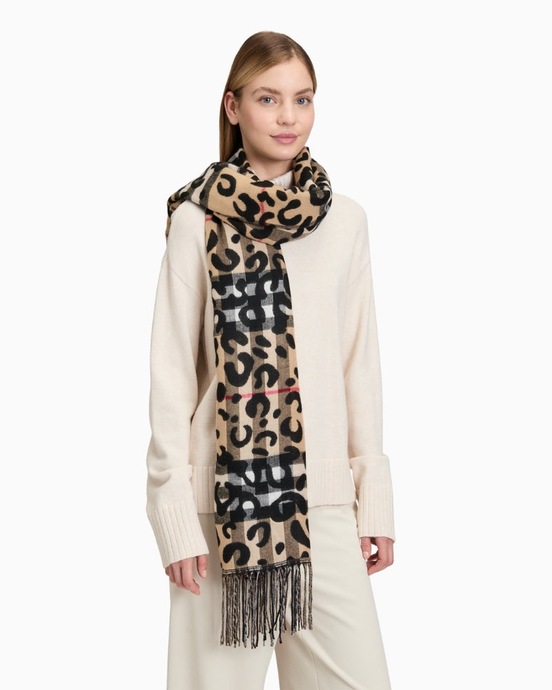Scarf draped around shoulders showing generous length and cosy fit