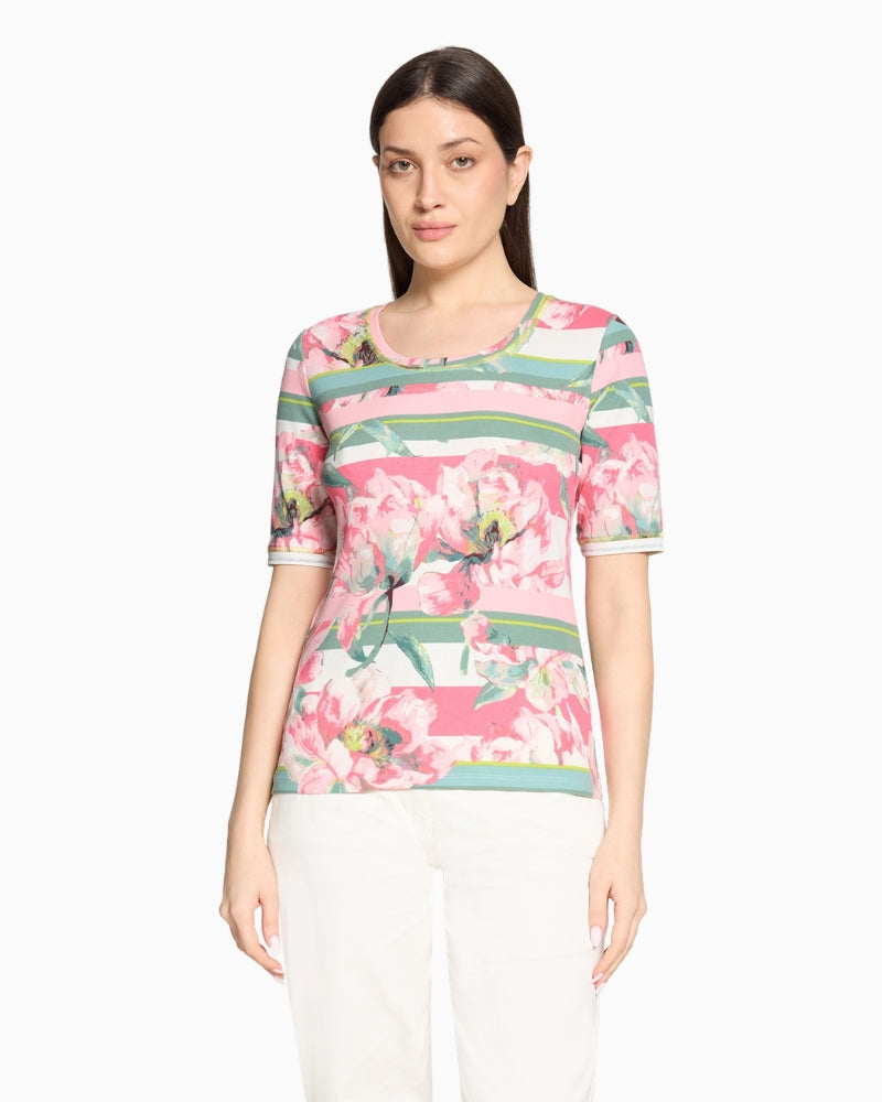 Betty Barclay floral ribbed top front view on model – Áines Boutique