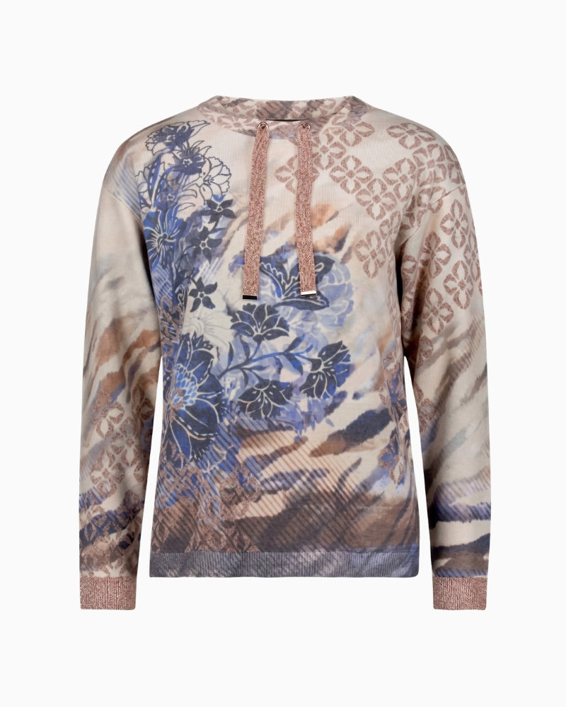 Betty Barclay Printed Drawstring Jumper in beige and blue front view