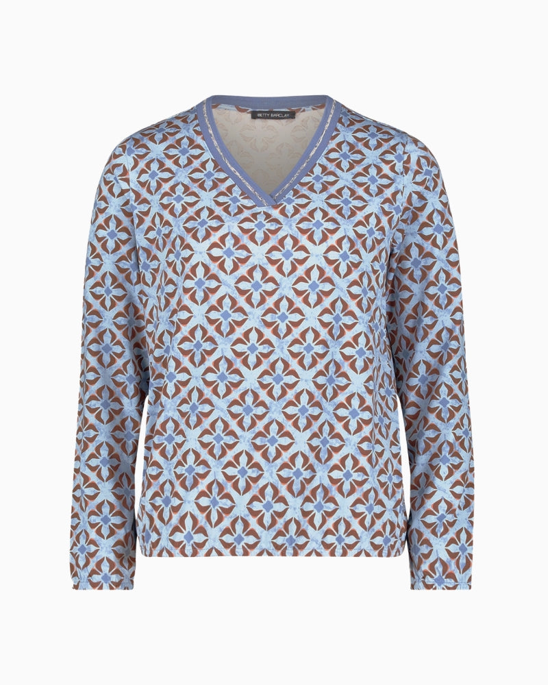 Betty Barclay V-Neck Long Sleeve Top in Blue graphic print detail