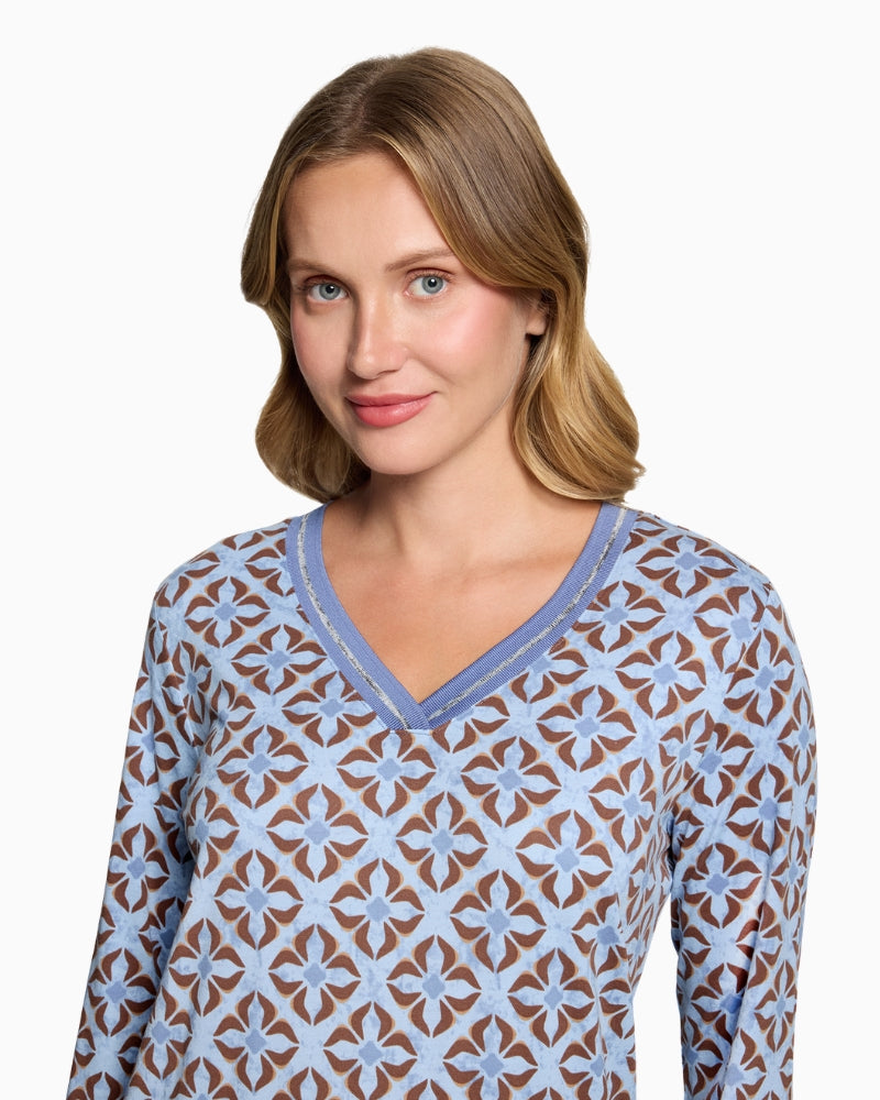 Betty Barclay V-Neck Long Sleeve Top in Blue neck details
