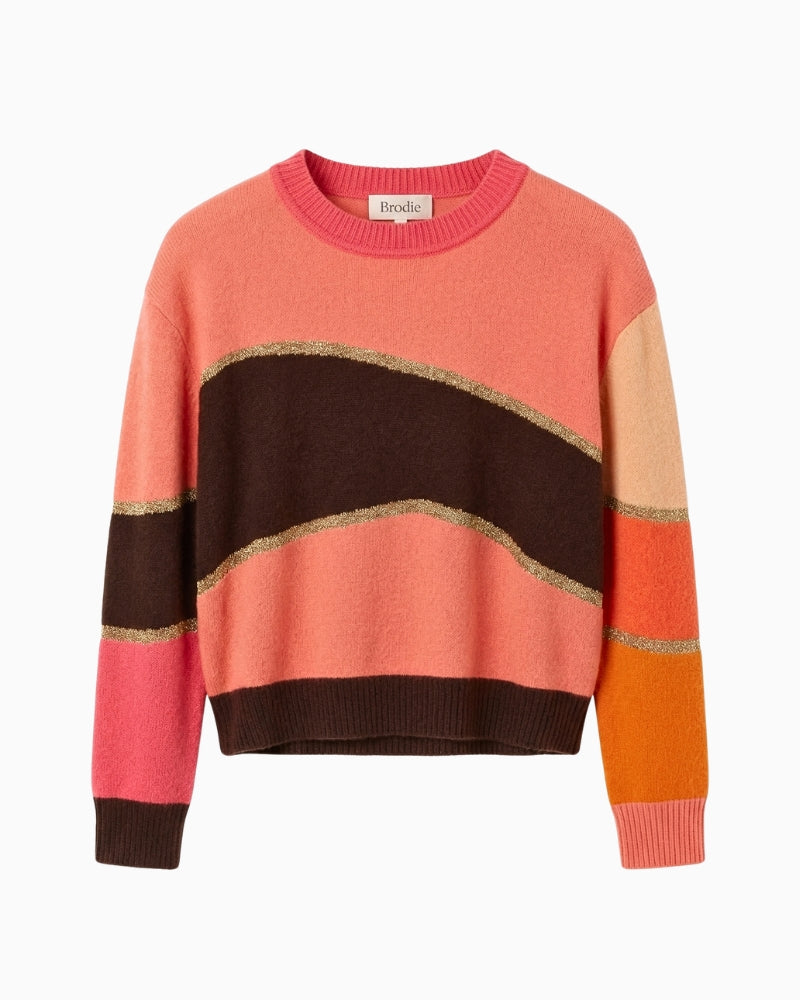 Brodie Abstract Scenic Cashmere Crew in Coral front view